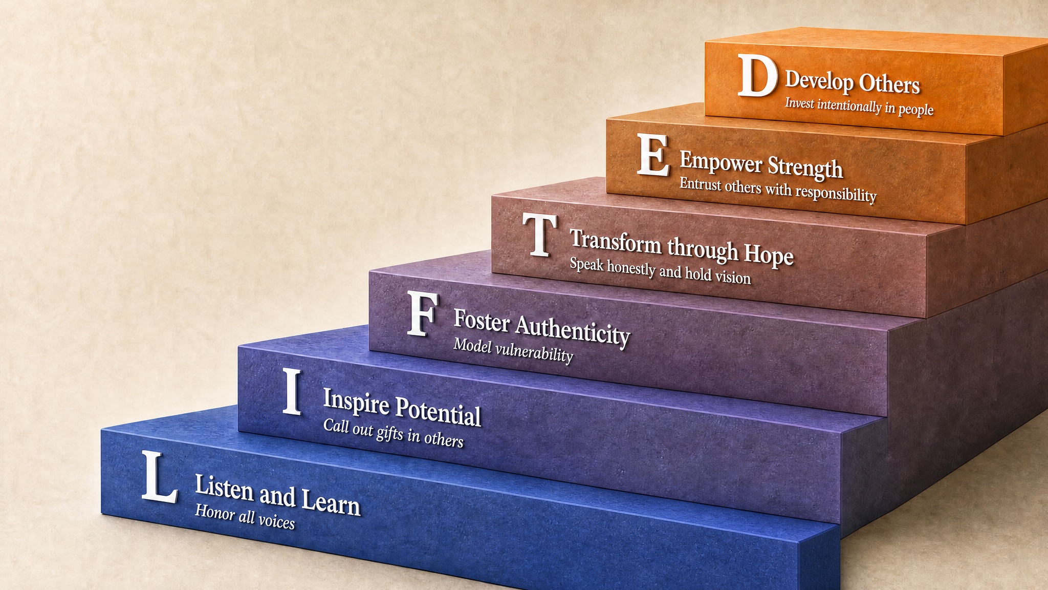Six coloured steps climbing to the right, each printed with its principle: Listen and Learn, honor all voices; Inspire Potential, call out gifts in others; Foster Authenticity, model vulnerability; Transform through Hope, speak honestly and hold vision; Empower Strength, entrust others with responsibility; Develop Others, invest intentionally in people