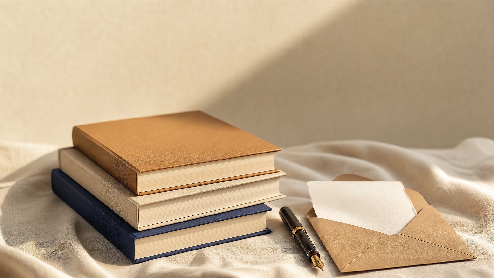 A stack of linen-bound books beside a fountain pen and an opened envelope, in morning light